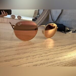 Ray-Ban Round Gold Frame Sunglasses with Pink/Brown Lenses